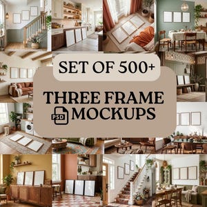 Three Frame Mockup Set of 500 +: Home interior, 3-Frame Layout (PSD & JPG Digital Download)