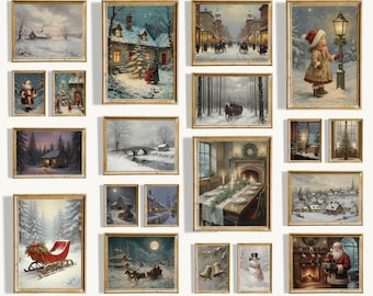 Christmas Gallery Wall Art Set: 20 Winter Holiday Prints, Rustic Home Decor