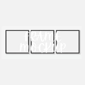Könnte beinhalten: Drei schwarze Bilderrahmen mit einem weißen Textüberlagerung, die "FRAME MOCKUP" sagt.