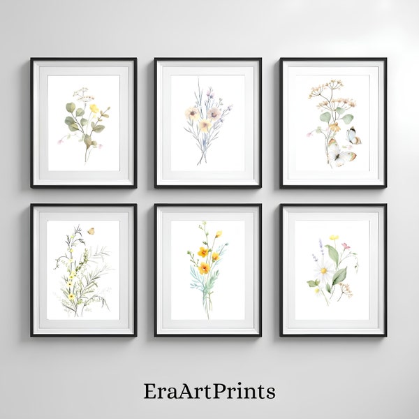 Wildflower Set of 6 Wall Art, Watercolor Flower Gallery Wall Set, Wild Flower Digital Prints, Boho Botanical 6 Piece Wall Art, Floral Poster