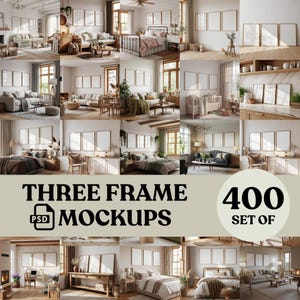 Conjunto de 400 mockups com três molduras: Interior residencial, layout com 3 molduras (download digital em PSD e JPG)