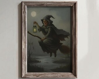 Art mural d'Halloween, impression de sorcière rustique, déco académique sombre, art gothique lunatique, sorcière vintage