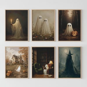 Halloween Wall Art, Set of 6, Halloween Gallery wall set, Moody Ghosts Autumn Decor Digital, Whimsical Halloween Decor, Cottage core Decor