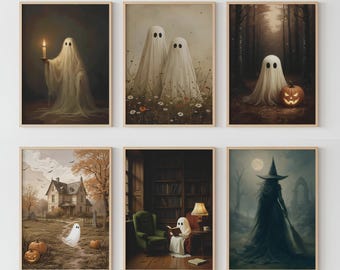 Lot de 6 oeuvres d'art murales de la galerie d'Halloween : impression de fantômes de cottage effrayant (téléchargement numérique)