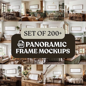 May include: A collection of over 200 panoramic frame mockups in PSD format, featuring various interior room settings including dining rooms, kitchens, living rooms, bathrooms, and bedrooms, all displaying blank rectangular wall frames.