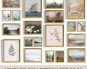 Vintage Gallery Wallart Set of 20, Interior Mockup Scene, French Country Decor (Digital Download)