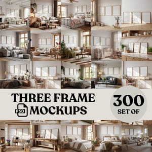 Conjunto de 300 maquetes com três molduras: Interior residencial, layout com 3 molduras (download digital em PSD e JPG)