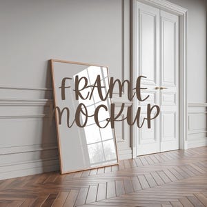 Vertical frame mockup, Wooden mockup frame, Modern Digital Mockup, Frame Leaning on Wall Template for Photoshop, Interior mockup, Wood floor