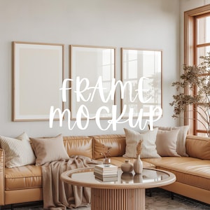 Three Frame Mockups : 3-Framed Mockup Template, Home Interior Scene ( JPG & PSD Digital Download )