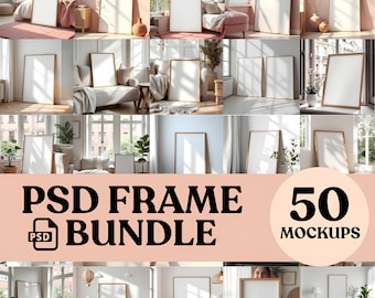 May include: A collection of 50 photo frame mockups in various interior settings. The mockups feature different frame sizes and styles, showcasing how they can be used to display artwork, photos, and other decorative items.