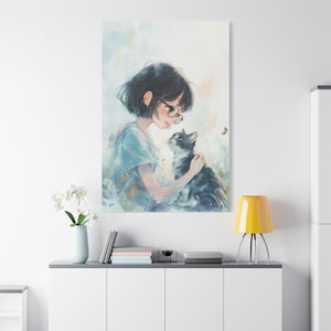 Whimsical Cat & Girl Canvas Print: Animal Art Home Decor