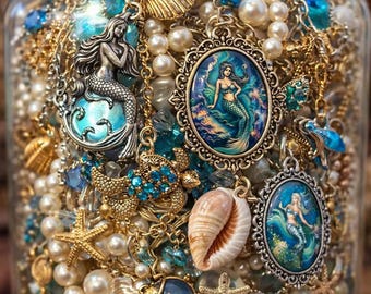 Zeemeermin sieradenpot, sieradenset oceaanthema, schelp- en parelaccessoires, strand esthetische sieradenmix, handgemaakt samengesteld cadeau