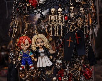 Caja misteriosa de joyería de terror, estética slasher, accesorios oscuros de Scream, Saw, Freddy Krueger, Chucky, Viernes 13, Art the Clown