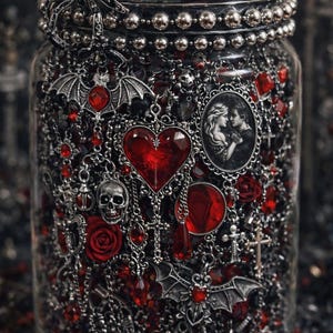 Op de afbeelding: Een glazen pot gevuld met rode en zwarte gothic bedels en kralen. De pot is versierd met een spin, vleermuizen, schedels, kruisen en een rode roos. De inhoud van de pot omvat een hartvormige hanger en een cameo van een stel.