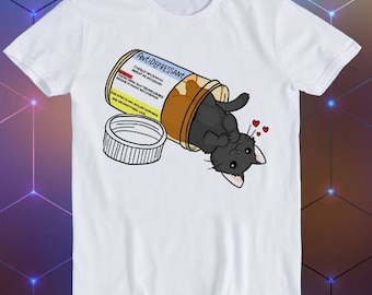 May include: White t-shirt with a black cat cartoon illustration inside a pill bottle labeled "Antidepressant".