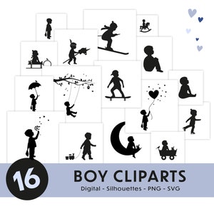 16 boy silhouettes, PNG, SVG, boy clipart, instant download, google drive
