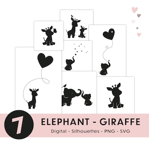 7 giraffe and elephant silhouettes, PNG, SVG, animals, cliparts, instant download