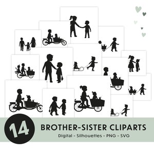 14 brother sister silhouettes, family silhouette, PNG, SVG, cliparts, instant download