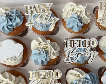 Cloud Baby Shower / Baby Gift personalised cupcake layered topper bundle - Cupcake accessories and toppers, Hello Baby, Cloud, Baby Name