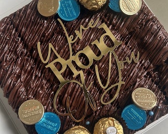 We’re Proud of You Cake Topper - Lovely Bubbly Makes - Graduation, New Job, Proud Moment - Gold Mirror