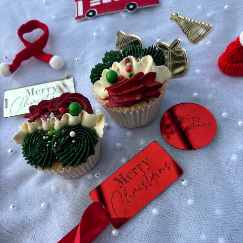 Merry Christmas Gold Acrylic Disc, Red or Silver Cupcake Topper, Cake