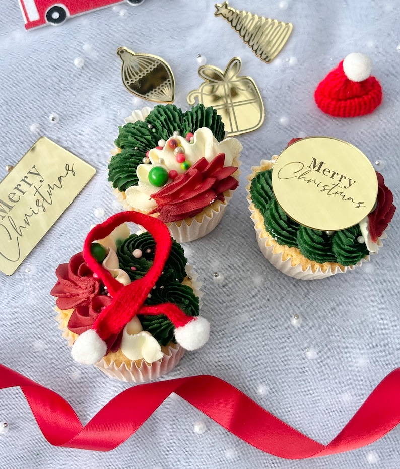 Merry Christmas Gold Acrylic Disc, Red or Silver Cupcake Topper, Cake