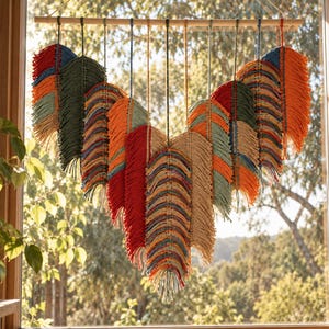 May include: A macrame wall hanging featuring multiple feather-shaped elements suspended from a horizontal wooden rod. The feathers are crafted from cotton cord in a vibrant palette of red, orange, blue, green, and beige, arranged in a V-shape.