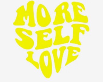 以下が含まれることがあります： レトロなフォントで「MORE SELF LOVE」と書かれた黄色のハート型のグラフィックです。