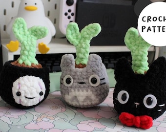 Ghibli sprout pot, 3-1 Crochet Pattern, Totoro, Jiji, Noface, Amigurumi pattern, Totoro crochet, Noface crochet, Jiji crochet