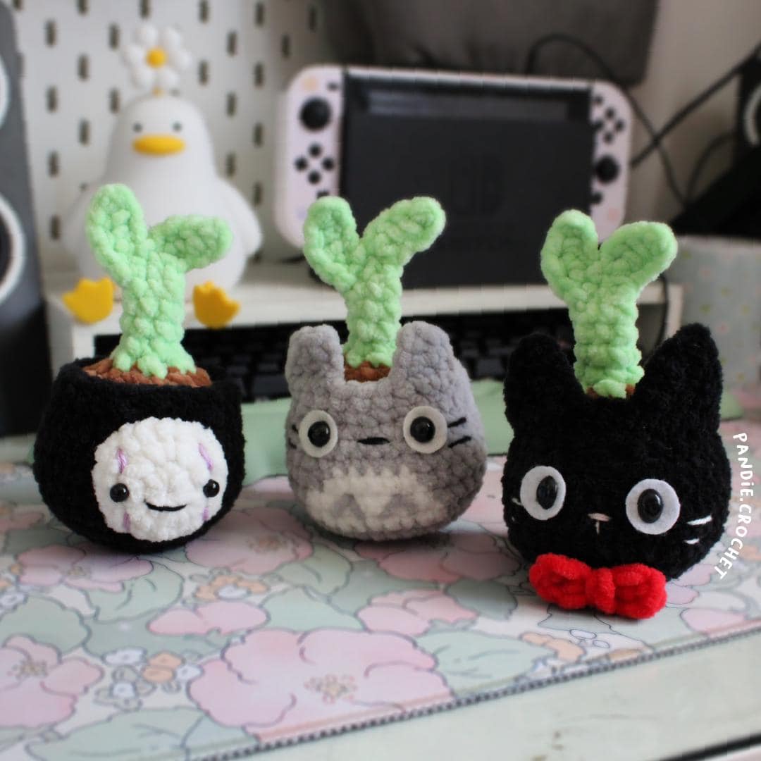 ジブリの芽ポット、3-1 かぎ針編みパターン、トトロ、ジジ、ノー