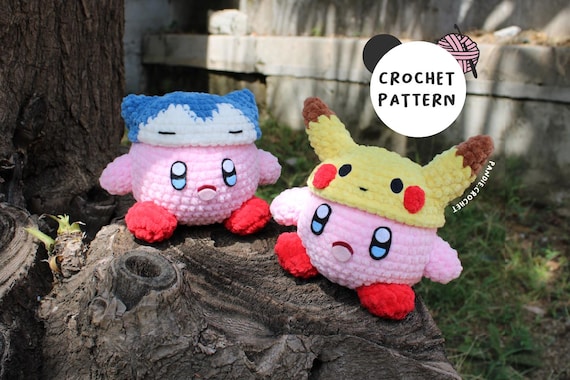Kirby with Pokemon hat Crochet Pattern, Snorlax, Pikachu, Amigurumi pattern, Kirby crochet, Pokemon crochet, Pikachu crochet Snorlax Crochet