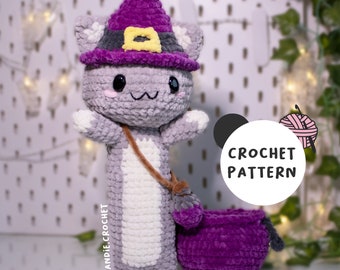 Misty, the long cat in cauldron, halloween amigurumi, pattern amigurumi,