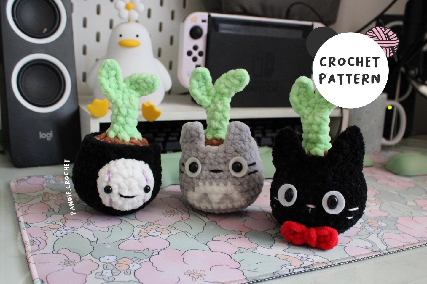 Ghibli Sprout Pot, 3-1 Crochet Pattern, Totoro, Jiji, Noface