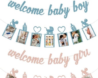Baby Shower Photo Banner, Bunting, Party Decorations for Boys and Girls, Hanging Flag, with Ribbon, Glue, Photo Slits