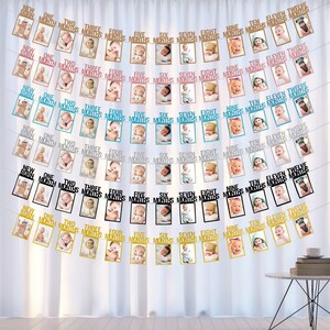 1st Birthday Photo Banner, New Born to 12 Months, 13 Frames, Bunting Garland, Hanging Flag, Party Decorations with Ribbon, Glue, Photo Slits