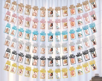 1st Birthday Photo Banner, New Born to 12 Months, 13 Frames, Bunting Garland, Hanging Flag, Party Decorations with Ribbon, Glue, Photo Slits