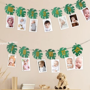 Palmbladeren 1e verjaardag fotobanner, safari jungle-thema, pasgeboren tot 12 maanden, babymijlpaal, slingerslinger, hangende vlag, feestdecor