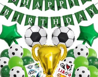 Juego de decoraciones para fiesta de fútbol, pancarta de feliz cumpleaños, globos y juego de pegatinas.