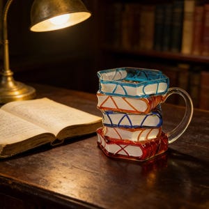 May include: A unique glass mug shaped like a stack of colorful books. The mug features a clear handle and is illuminated by a warm light, creating a cozy atmosphere. The books are painted in red, orange, blue, and white.
