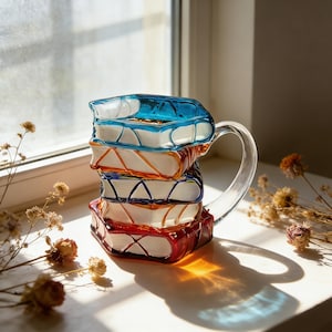 May include: A unique glass mug shaped like a stack of books. The mug features a clear handle and is composed of four colorful book-shaped sections in blue, orange, and red. The mug sits on a white surface near a window, with dried flowers in the foreground.