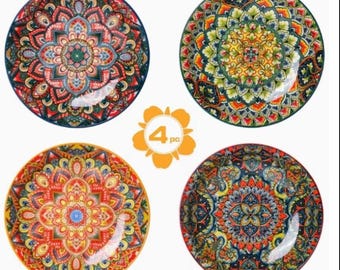 Juego de 4 platos de cerámica estilo boho, coloridos platos para aperitivos con estampado de mandala, vibrantes platos para servir tapas, regalo para un nuevo hogar (Reino Unido)