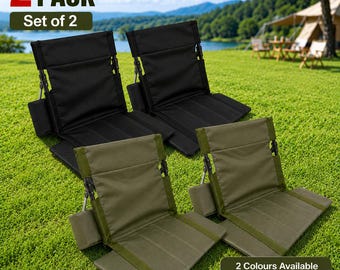2 Pack Portable Folding Floor Chairs with Back Support | Lightweight Camping Beach Picnic Seats | Green or Black