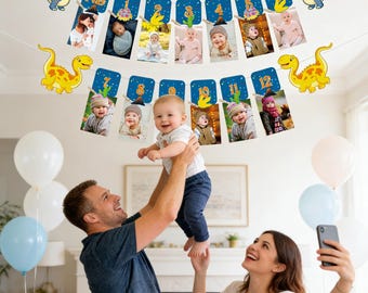 Banner fotográfico para el primer cumpleaños de dinosaurio, guirnalda de hitos del bebé, fotos para grabar meses DIY