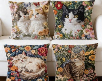 Cat Linen Pillow Case,Flat Printing Floral Embroidery Look Kitten Cushion Cover,Country Style Pillowcase,Gift for Cat Lovers,45cm 17-18 Inch