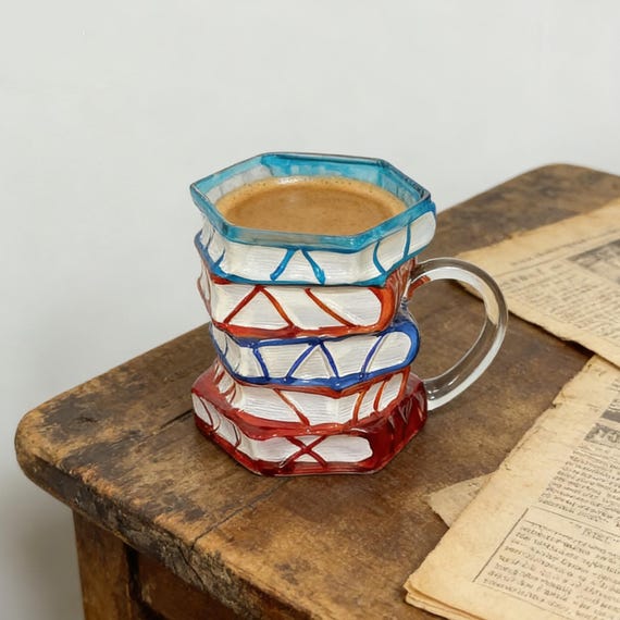 Stacked Books Glass Mug, 420ml Coffee Cup, Colourful Bookish Tea Cup UK