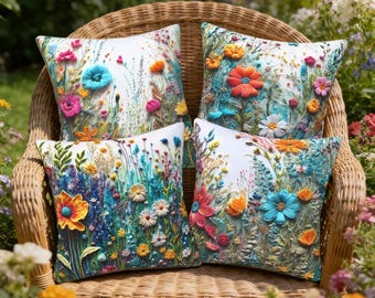 Fundas de cojín de flores silvestres, juego de 4 piezas, impresión de pintura al óleo de flores silvestres 3D visual