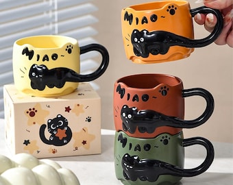 Juego de 4 tazas de cerámica con diseño de gato negro en 3D, tazas de café apilables con asa en forma de cola, tazas de té con gatitos kawaii, regalo para amantes de los gatos, decoración para el hogar, 380 ml.