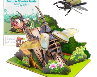Kit de rompecabezas 3D de madera del escarabajo Hércules / Manualidad de modelo de insecto para armar / Rompecabezas de madera cortado con láser / Regalo para amantes de la naturaleza / Juguete educativo STEM