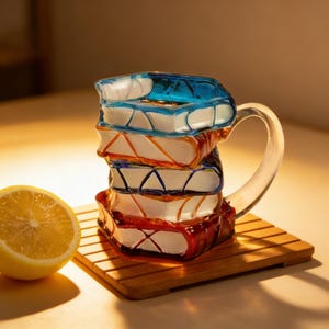 Stacked Books Glass Mug, 420ml Coffee Cup, Colourful Bookish Tea Cup UK image 8