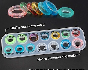 Ring Silicone Resin Mould, Epoxy Jewellery Making DIY Mold (7 cavities Round Cut, 7 cavities Rhombic Cut Shape, Size 17-23mm)